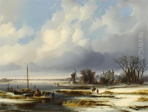 Vereiste Hollandische Winterlandschaft Oil Painting by Josef Karl Berthold Puettner