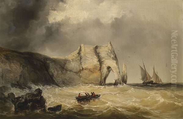 Boote In Aufgewuhlter See Vor Einer Steilkuste Oil Painting by Josef Karl Berthold Puettner