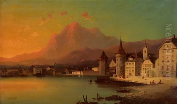 Ansicht Von Luzern Mit Hotel Schwanen Und Kapellbrucke Oil Painting by Josef Karl Berthold Puettner