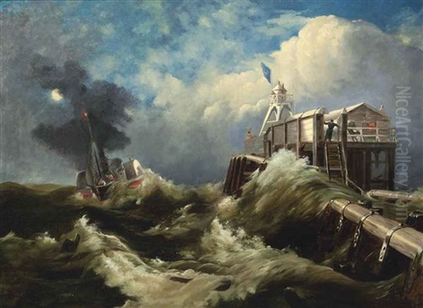 A Steamer At A Pier In A Storm Oil Painting by Josef Karl Berthold Puettner