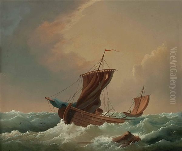 Sinkendes Segelschiff Und Rettungsboot Oil Painting by Josef Karl Berthold Puettner