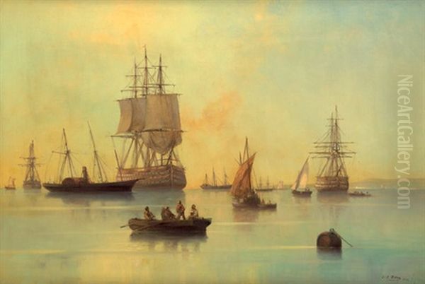 Segelschiffe Und Raddampfer Bei Windstiller See Vor Der Kuste Oil Painting by Josef Karl Berthold Puettner