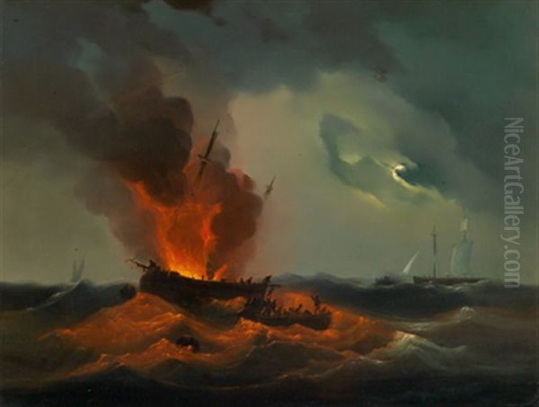 Feuer Auf Hoher See In Einer Mondnacht Oil Painting by Josef Karl Berthold Puettner