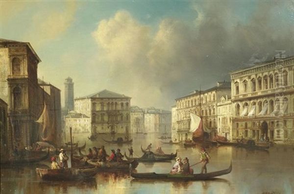 Blick Auf Den Canal Grande Mit Den Palazzi Grassi Und Moro Lin Auf Der Rechten, Sowie Den Palazzi Bon Rezzonico Und Balbi Auf Der Linken Seite Oil Painting by Josef Karl Berthold Puettner