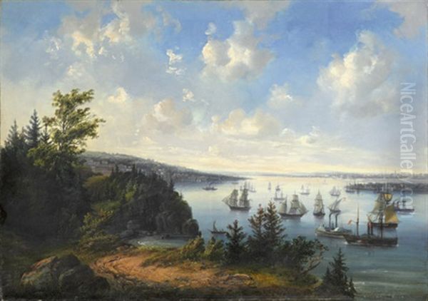 An Amercian Port View Said To Be San Franciso Harbor Oil Painting by Josef Karl Berthold Puettner