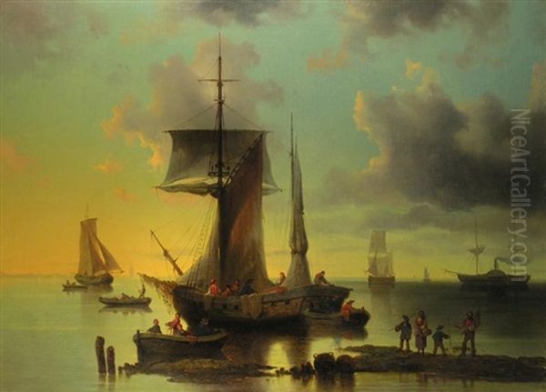 Schiffe Vor Der Kuste Im Abendlicht Oil Painting by Josef Karl Berthold Puettner