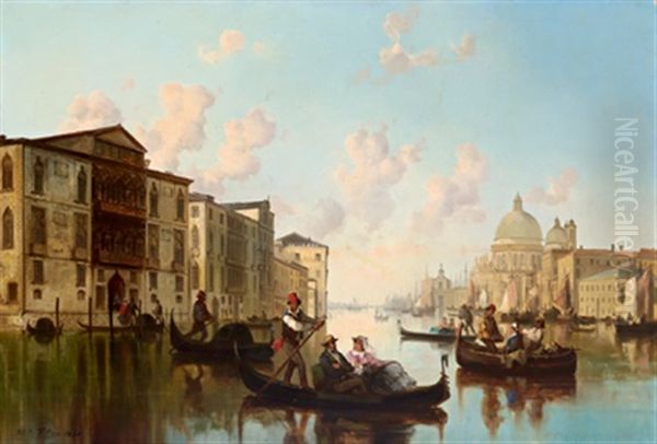 Venedig - Reges Treiben Am Kanal Mit Blick Auf Santa Maria Della Salute Oil Painting by Josef Karl Berthold Puettner