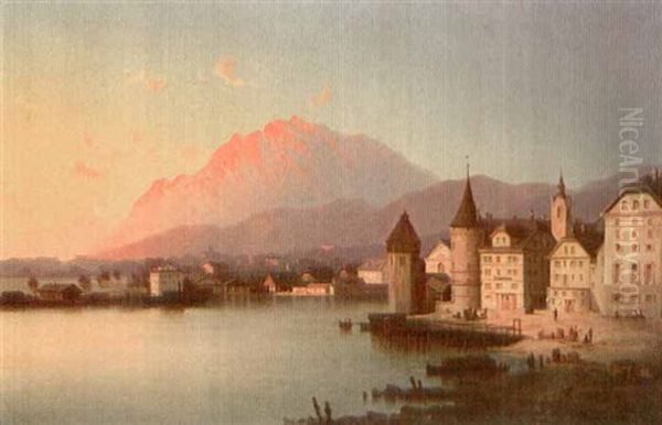 Luzern Mit Pilatus Im Morgenrot Oil Painting by Josef Karl Berthold Puettner