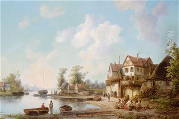 Reges Treiben An Der Flusmundung Oil Painting by Josef Karl Berthold Puettner