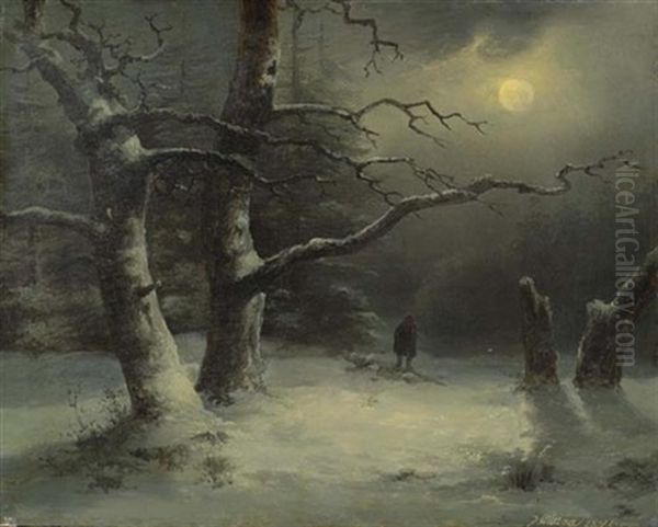 Winterlandschaft Bei Mondschein Oil Painting by Josef Karl Berthold Puettner