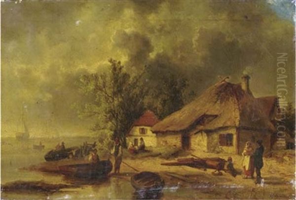 Activities On The Waterside Oil Painting by Josef Karl Berthold Puettner