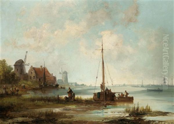 Fischerboote An Der Kuste Oil Painting by Josef Karl Berthold Puettner