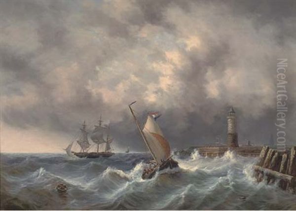 In A Swell Off The Harbour Walls Oil Painting by Josef Karl Berthold Puettner