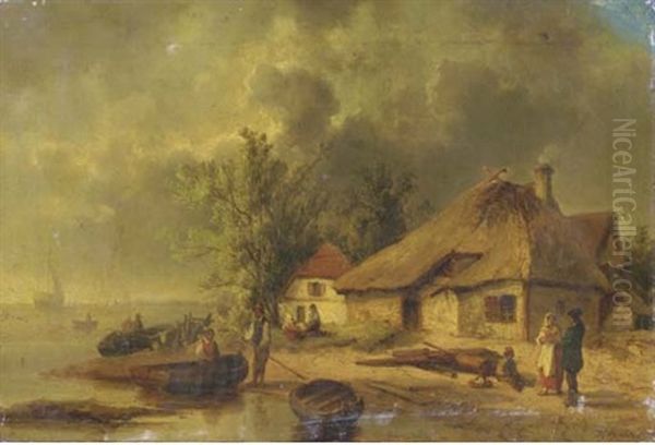 Activities On The Waterside Oil Painting by Josef Karl Berthold Puettner