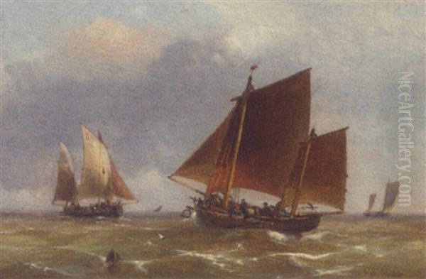 Fishing Boats In An Offshore Swell Oil Painting by Josef Karl Berthold Puettner