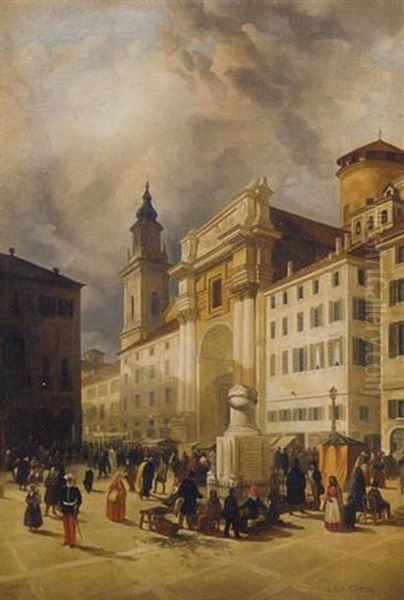 A Procession Through A Square, Parma Oil Painting by Josef Karl Berthold Puettner