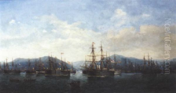 Fleets Of European Ironclads Lying In A Mediterranean Harbour Oil Painting by Josef Karl Berthold Puettner