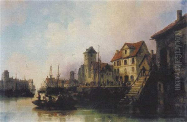 Hollandisches Hafenstadtchen Oil Painting by Josef Karl Berthold Puettner