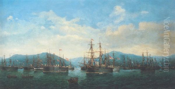 Fleets Of European Ironclads In A Mediterranean Harbour Oil Painting by Josef Karl Berthold Puettner