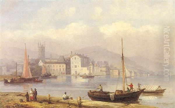 Segelschiffe Vor Einer Stadt Oil Painting by Josef Karl Berthold Puettner