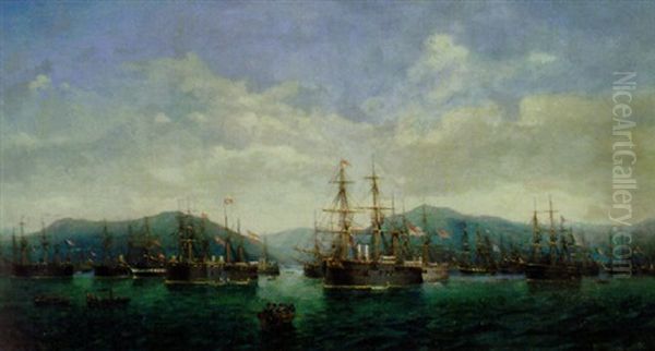 Battleships At Port Oil Painting by Josef Karl Berthold Puettner