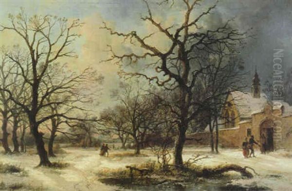 Winter Landscape Oil Painting by Josef Karl Berthold Puettner