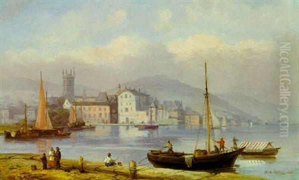 Segelschiffe Vor Einer Stadt Oil Painting by Josef Karl Berthold Puettner