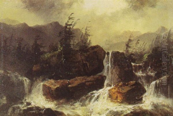 Vattenfall I Bergslandskap Oil Painting by Josef Karl Berthold Puettner