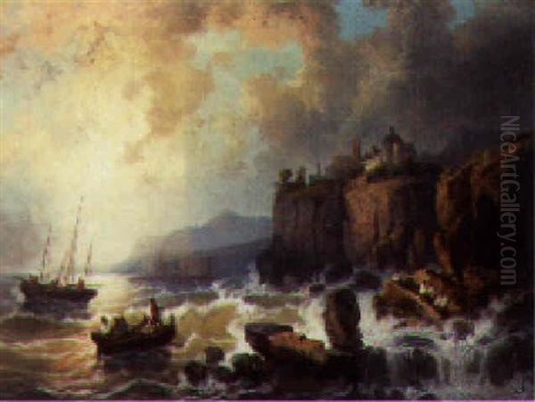 Fishing Boats Off A Rocky Coastline, A Hilltop Castle Beyond Oil Painting by Josef Karl Berthold Puettner