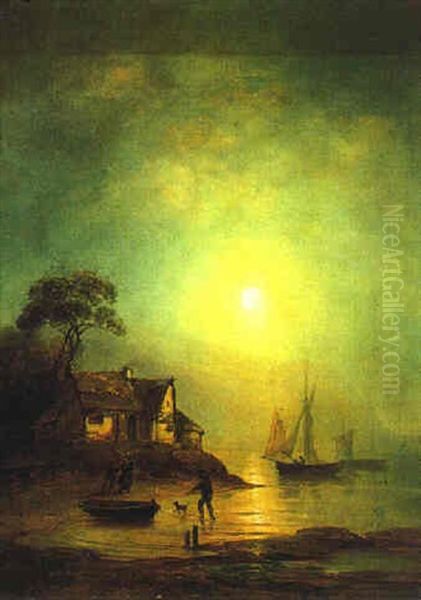 Hugelige Meeresbucht Bei Vollmond Oil Painting by Josef Karl Berthold Puettner