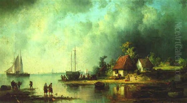 Ein Fischerdorf Mit Segelbooten Oil Painting by Josef Karl Berthold Puettner