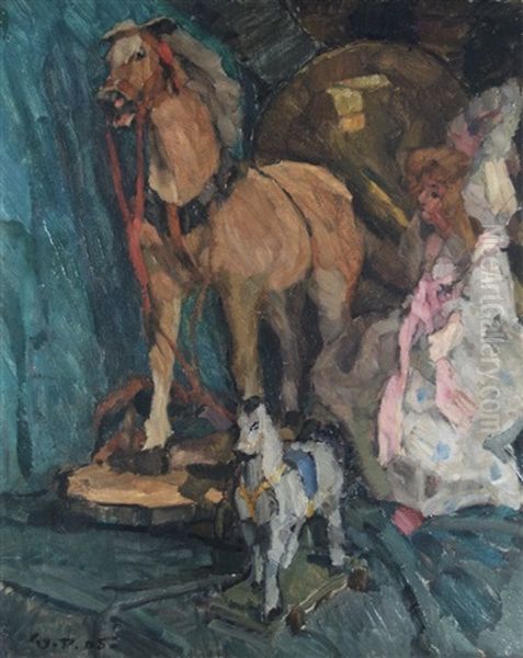 Toy Horses And Doll Oil Painting by Walther Puttner