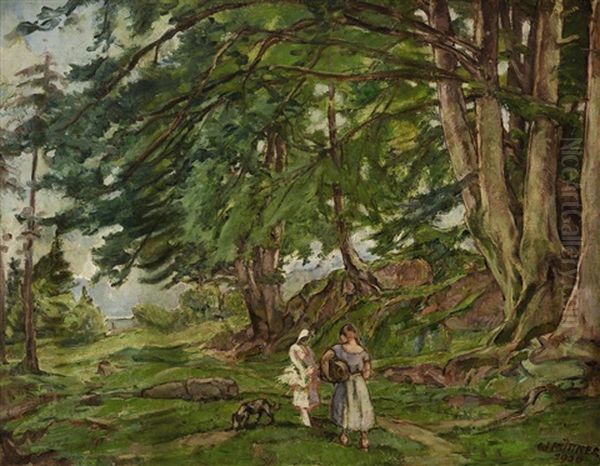 Gesprach Am Waldrand Oil Painting by Walther Puttner