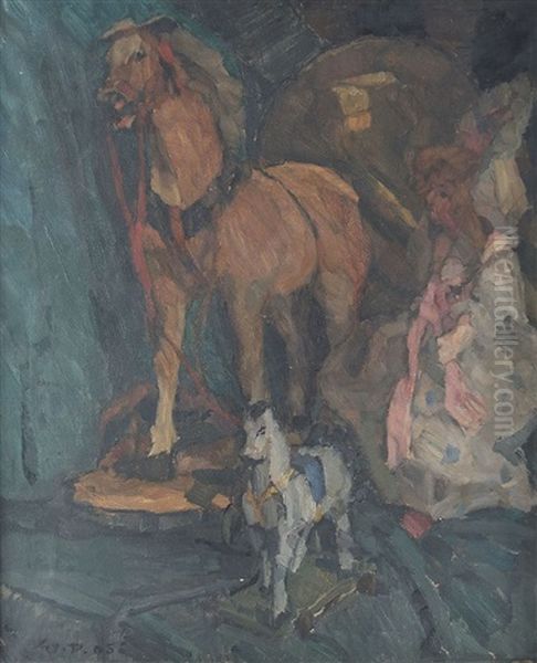 Toy Horses And Doll Oil Painting by Walther Puttner