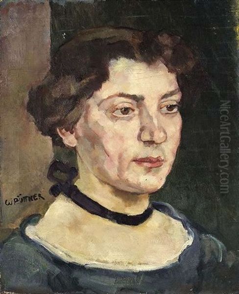 Frauenportrait, Stadtansicht, Stubeninterieur, Dorf In Landschaft (4 Works) Oil Painting by Walther Puttner