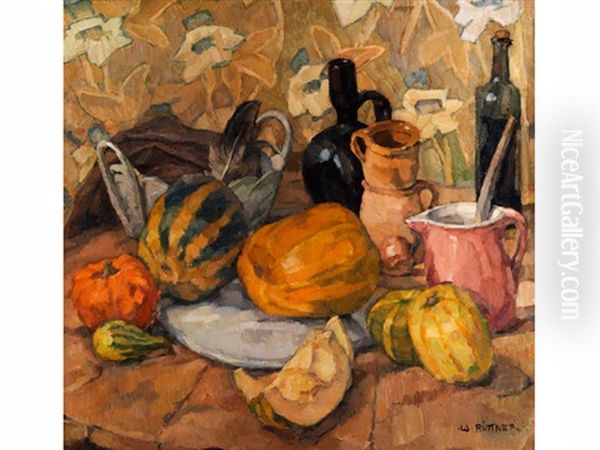 Stilleben Mit Melonen Und Hafner Geschirr Oil Painting by Walther Puttner