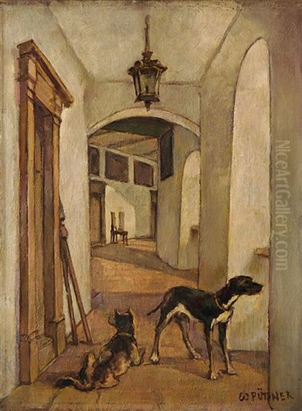 Jagdhunde In Einem Schlossgang Oil Painting by Walther Puttner