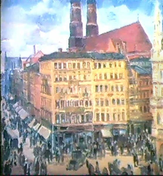 Der Rathausplatz In Munchen Mit Blick Auf Die Frauenkirche Oil Painting by Walther Puttner