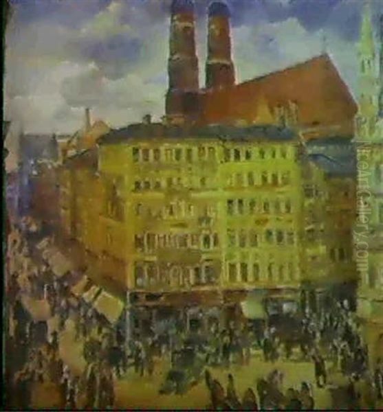 Der Rathausplatz In Munchen Oil Painting by Walther Puttner