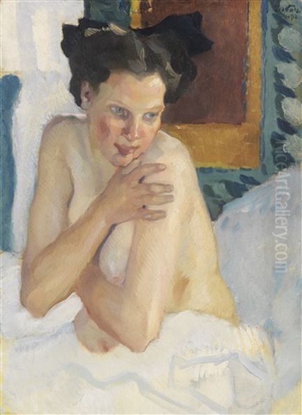 Erwachen (sitzender Halbakt) Oil Painting by Leo Putz