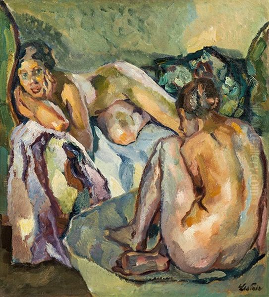 Two Female Nudes Oil Painting by Leo Putz