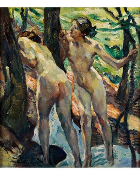 Zwei Frauenakte Nach Dem Bade Oil Painting by Leo Putz