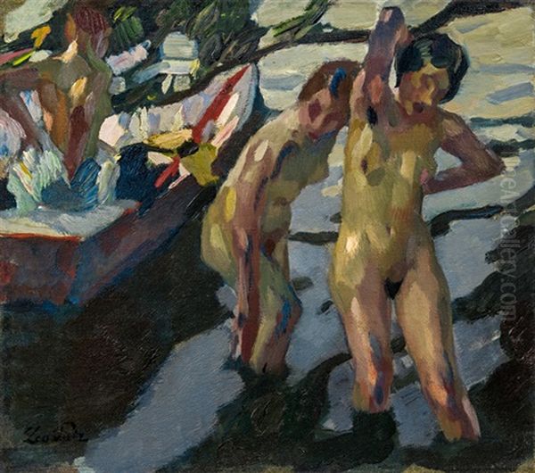 Badende Madchen Mit Kahn Oil Painting by Leo Putz