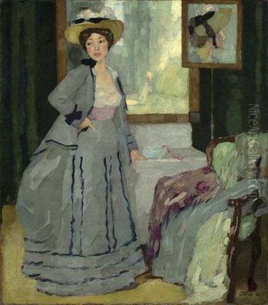 Vor Dem Ausgang (madchen Im Grauen Kleide) Oil Painting by Leo Putz