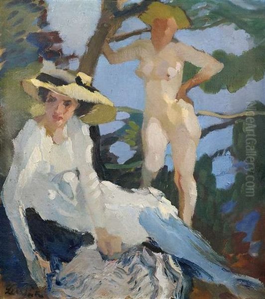 Dame Mit Weiblichem Akt In Einer Waldlichtung Oil Painting by Leo Putz