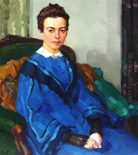 Portrat Einer Dame Im Blauen Kleid Oil Painting by Leo Putz