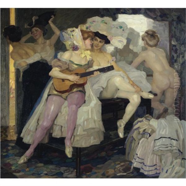 Hinter Den Kulissen-behind The Scenes Oil Painting by Leo Putz