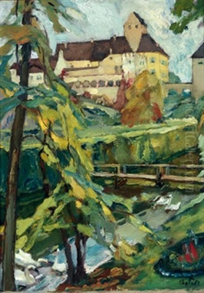 Schlos Seefeld, Im Vordergrund Bach Mit Schwanen Oil Painting by Leo Putz