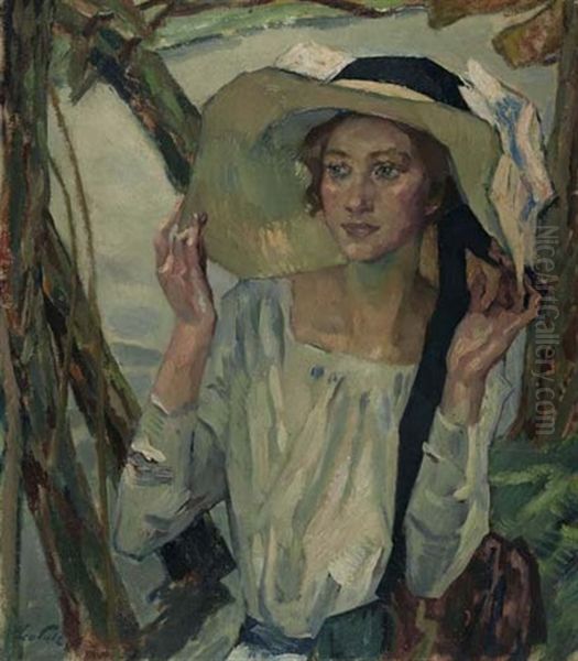 Dame Mit Florentiner Hut Oil Painting by Leo Putz