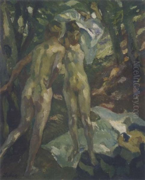 Zwei Weibliche Akte Im Wald Oil Painting by Leo Putz